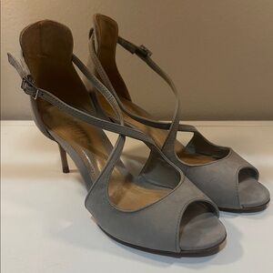 SCHUTZ Gray Zack peep Toe Heels with cross strap! Good condition suede size 4.5M